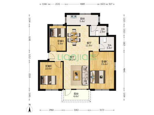 清风园 3室2厅2卫 97平方