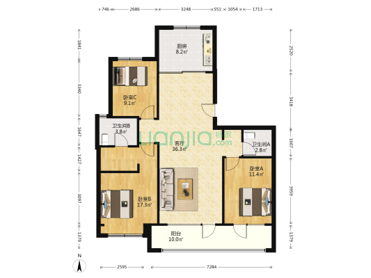 万科新都会1907 3室1厅2卫 128平方