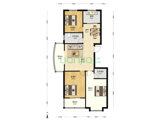 天润东方绿城 2室2厅2卫 124平方