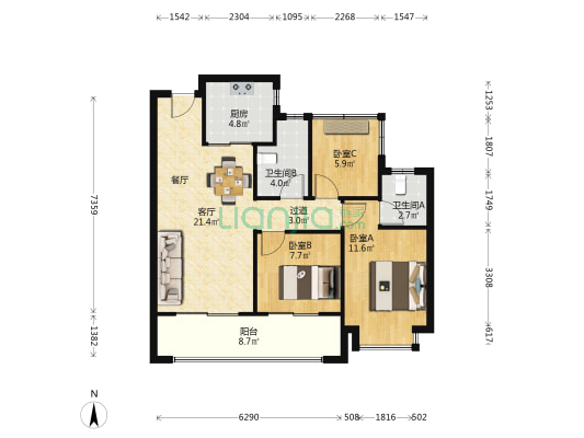 云起星辰 3室1厅2卫 95平方