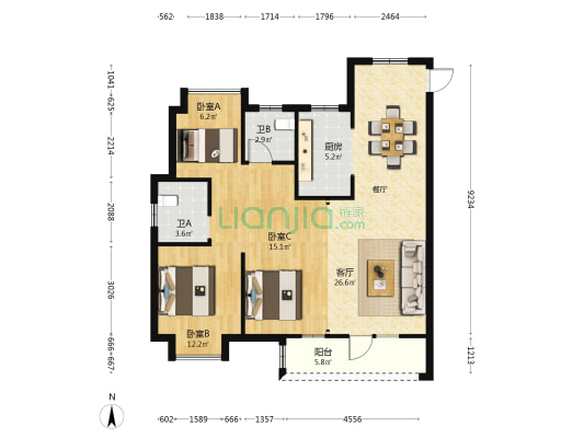 联发悦湖居 3室1厅2卫 106平方