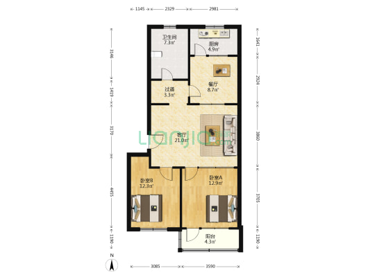 中国银行宿舍 2室2厅1卫 95平方