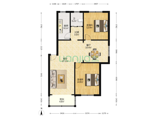 绿川公寓 2室2厅1卫 103平方