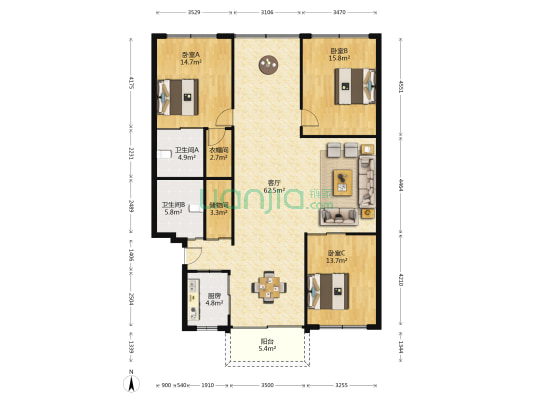 阳光小区 3室1厅2卫 153平方