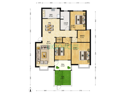 龙韵怡景苑 3室1厅1卫 120平方