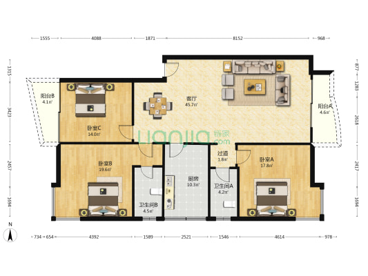 名豪商贸区 3室1厅2卫 147平方