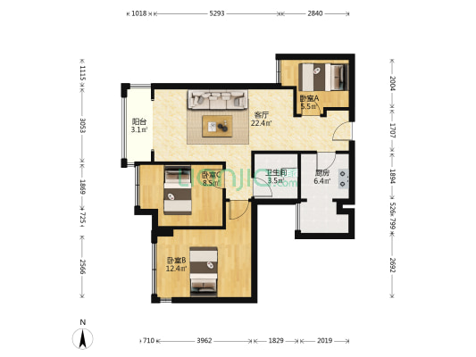 炎华置信花千集 3室1厅1卫 78平方