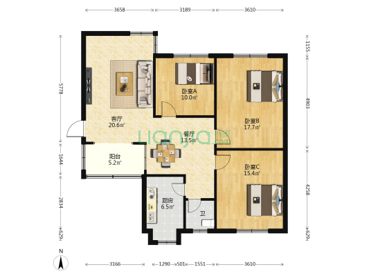 党校小区 3室2厅1卫 109平方
