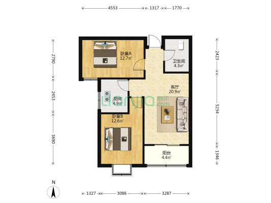 甘洲花园 2室1厅1卫 75平方