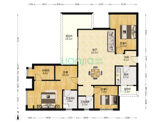 蓝光林肯公园一期 3室1厅2卫 128平方