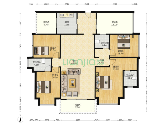 恒大国香山翡翠华庭 4室1厅3卫 171平方