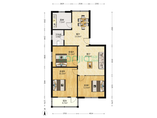 保险公司家属楼 3室2厅1卫 114平方