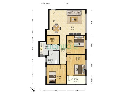 帝豪苑 3室1厅1卫 104平方
