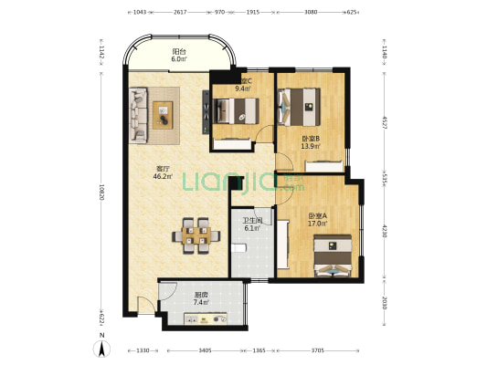 交通银行宿舍 3室1厅1卫 133平方