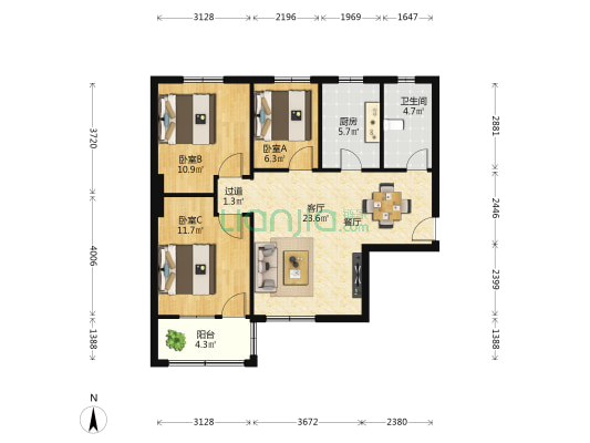 汇成公寓 3室1厅1卫 84平方