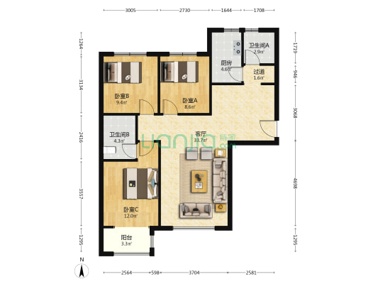 國宅華府·南院 3室1厅2卫 115平方