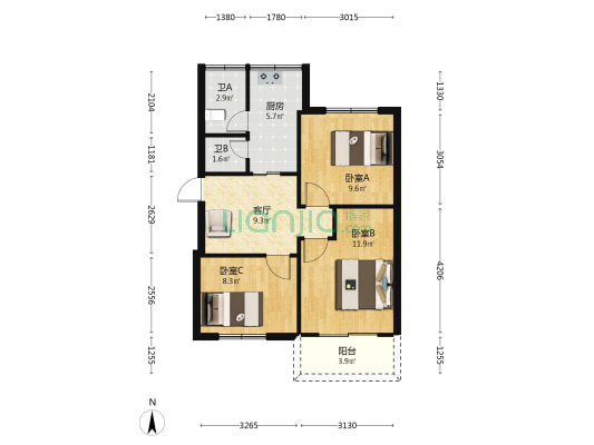 十六中宿舍 3室1厅2卫 65平方