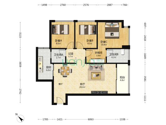 富士君荟 3室1厅2卫 102平方
