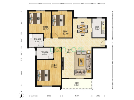 隆华小区 3室1厅2卫 141平方
