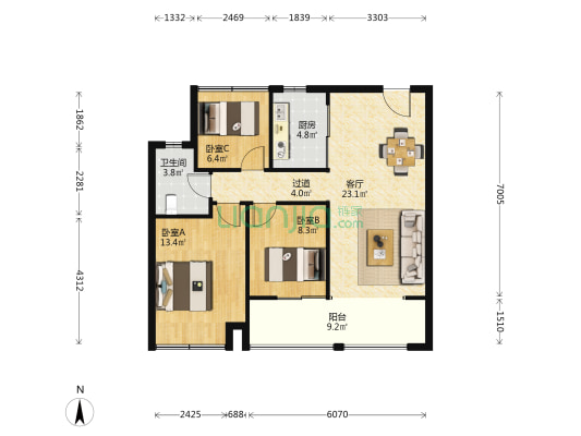 招商雍华府 3室1厅1卫 100平方