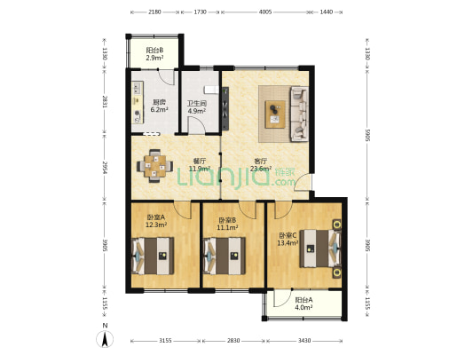 天地物业 3室2厅1卫 116平方