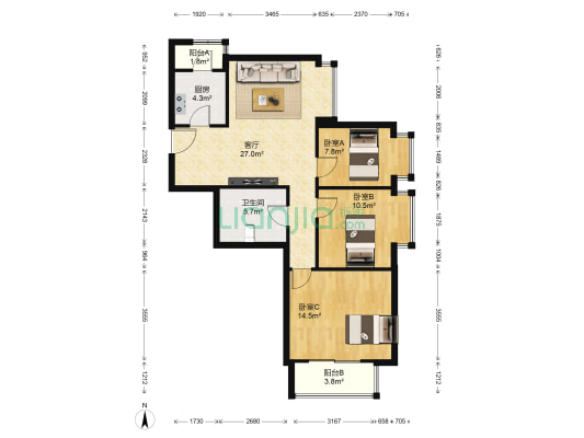 天子庄园 3室1厅1卫 90平方