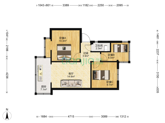 民航家属院 3室1厅1卫 54平方