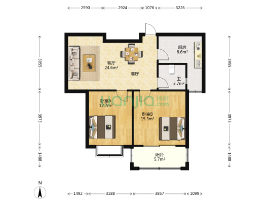 鸿禧花园 2室1厅1卫 90平方