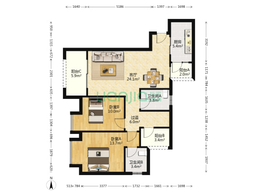 鸿府锦上 2室1厅2卫 95平方