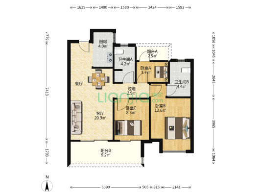 保利天汇南区 3室1厅2卫 99平方