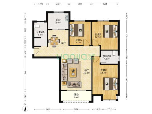 新城壹号 3室1厅2卫 126平方