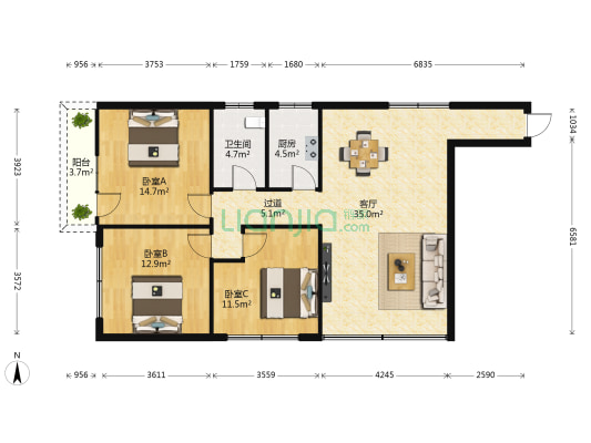 海秀苑（秀英） 3室1厅1卫 116平方
