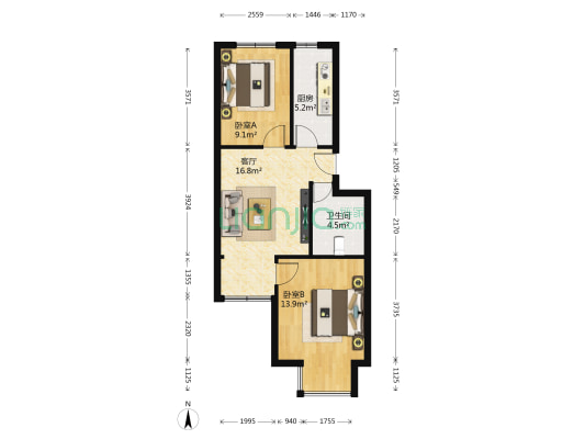 运通家园 2室1厅1卫 65平方
