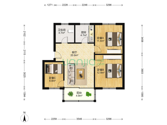 凤鸣路24号弄61号 3室1厅1卫 77平方