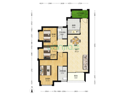 时代香海彼岸二期(东区) 3室1厅2卫 95平方