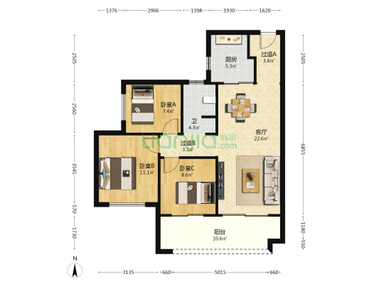 阳光城尚东湾悦江府 3室1厅1卫 103平方