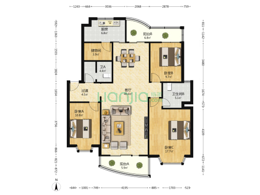 景江花园 3室1厅2卫 132平方