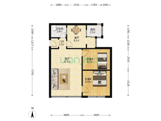 方圆花苑 2室2厅1卫 68平方