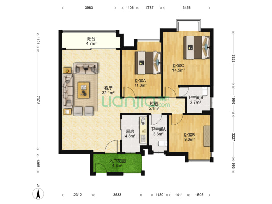 颐景园 3室1厅2卫 122平方
