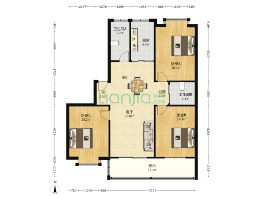 翰林俯邸 3室1厅2卫 121平方