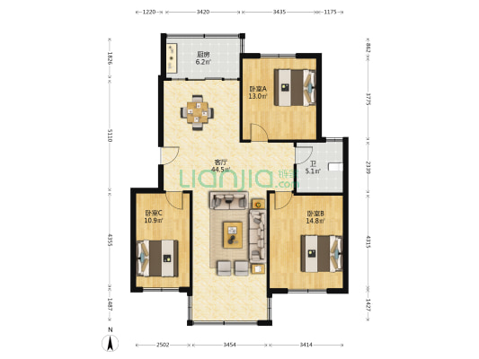 阳光家园东区 3室1厅1卫 114平方