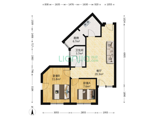 长影世纪村 2室1厅1卫 76平方