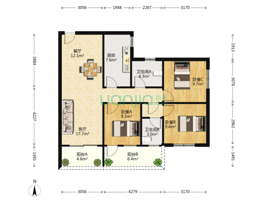 泰安楼 3室2厅2卫 89平方