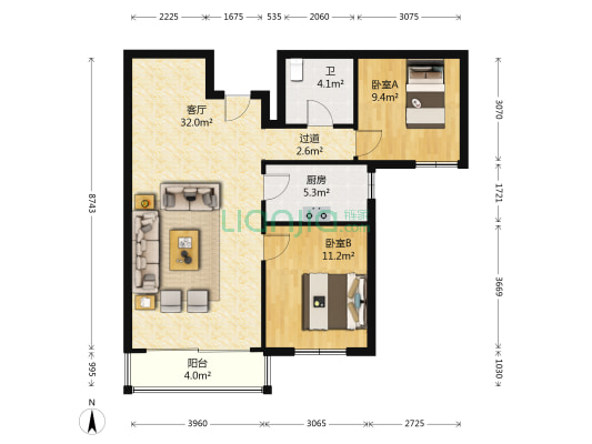 中基礼域尚城 2室1厅1卫 97平方