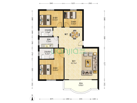 东方花园3区 3室1厅2卫 122平方
