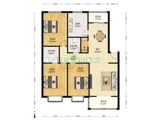西安工会医院 3室1厅2卫 140平方
