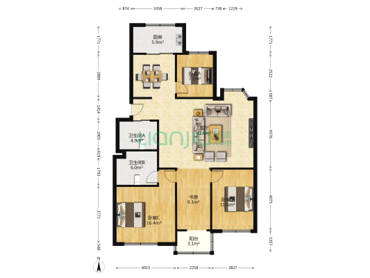 金实小区·秋实园 4室1厅2卫 124平方