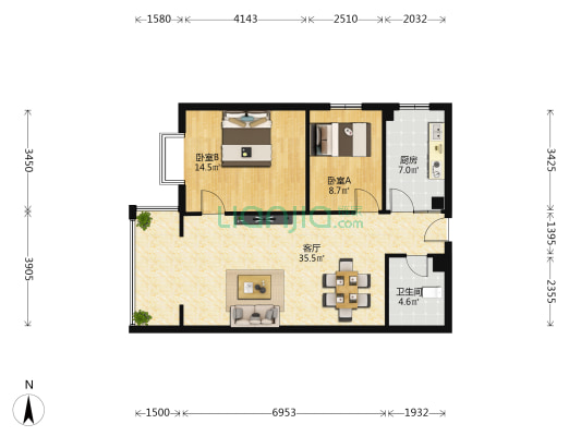 紫阳花园 2室1厅1卫 81平方