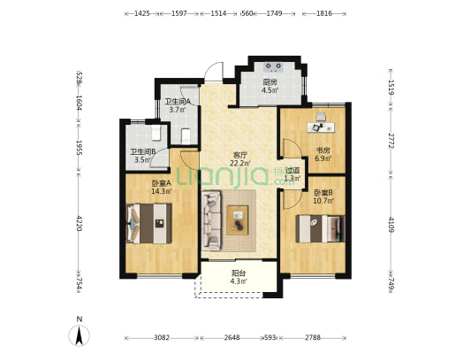 金科旭辉上河之城 3室1厅2卫 89平方