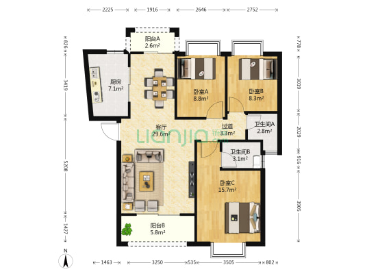同和泊湾 3室1厅2卫 98平方